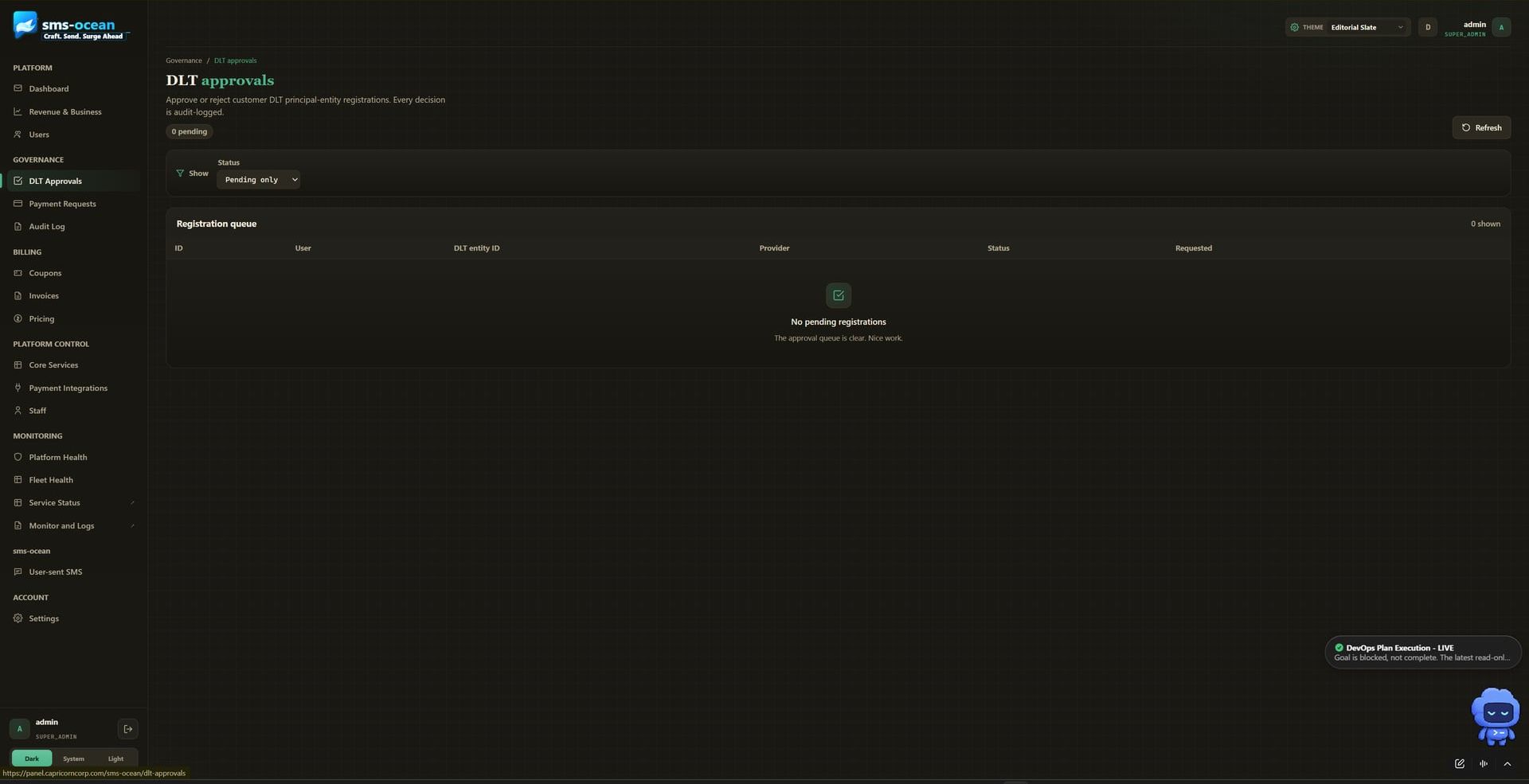 Verified capture of the sms-ocean admin portal: DLT approvals page showing entity and template approval workflow