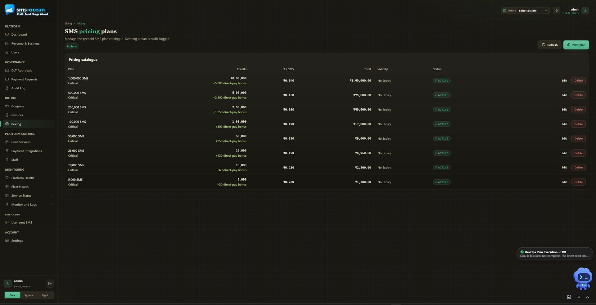 Verified capture of the sms-ocean admin portal: pricing page showing the current rate card
