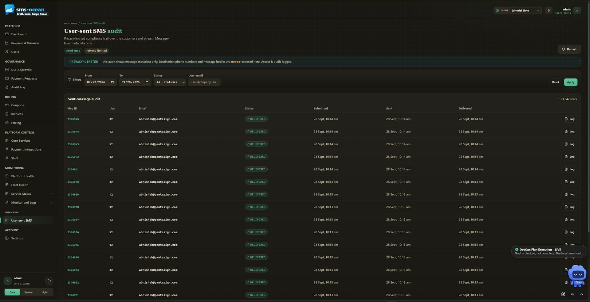 Verified capture of the sms-ocean admin portal: user-sent SMS audit list